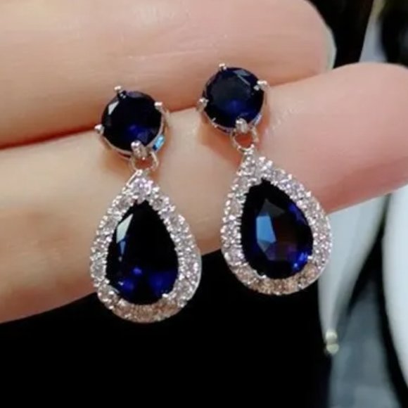 Jewelry - Blue Colorful Waterdrop Earrings Zicon‎ Double Pear Crystal with Silver